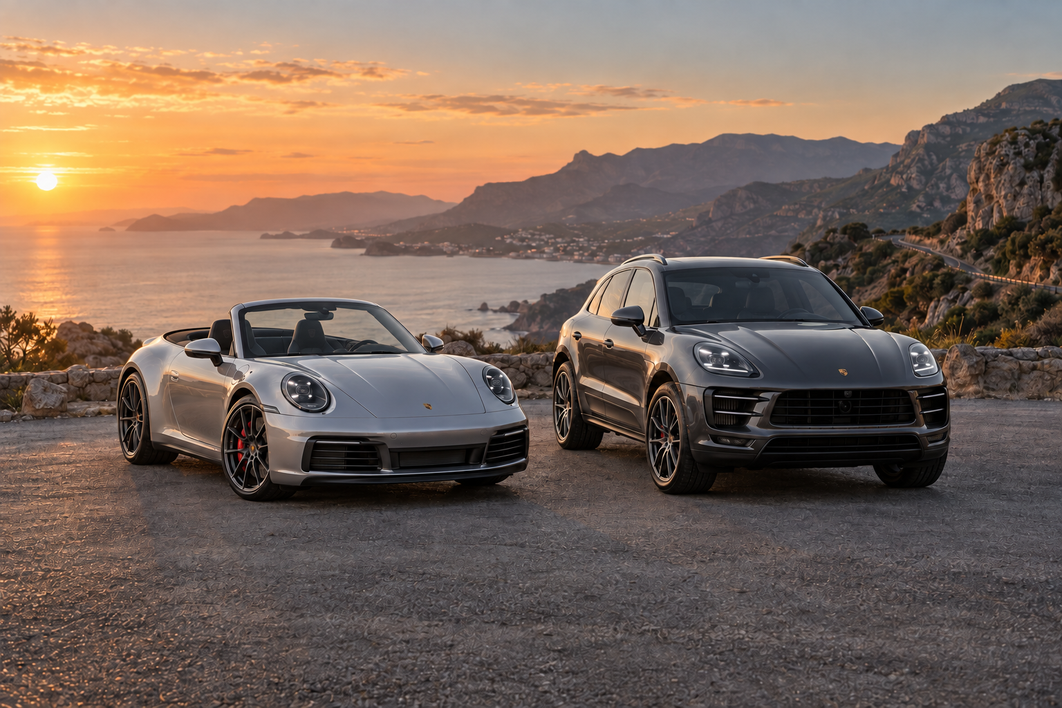AI-generated concept of a silver 2026 Porsche 911 Carrera Cabriolet with the roof down and graphite 2026 Porsche Macan together on a coastal road